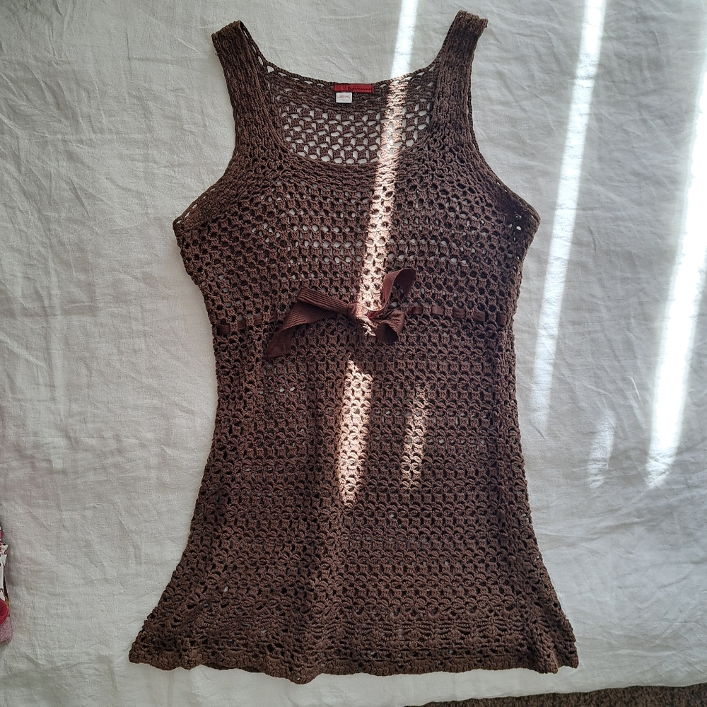 Tape Measure Vintage Bohemian Brown Sleeveless Crochet Dress Size Large